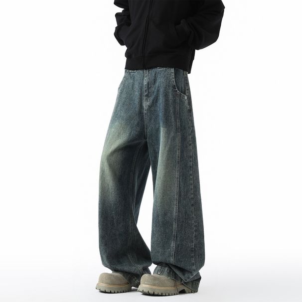 Men's Retro Style Straight Leg Wide Leg Jeans High Street Trendy Casual Mid Waist Cleanfit Trousers_mkmklike.com