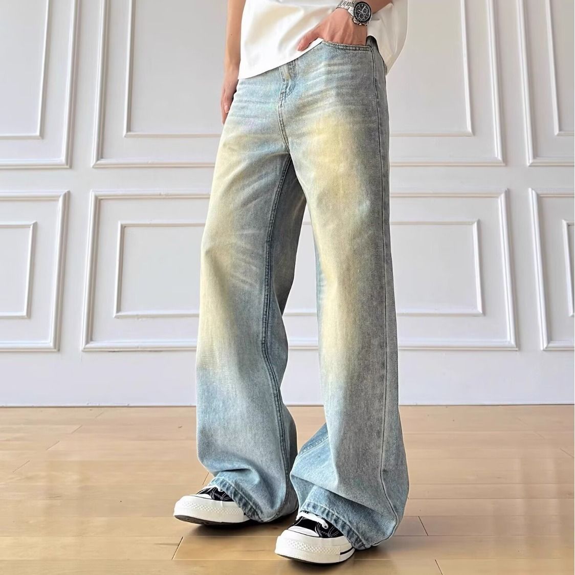 Men's Clothing Vintage Washed Blue Relaxed Straight Leg Jeans For Men & Women | Distressed Denim Pants | High Street Fashion | Loose Fit (S-3XL)_mkmklike.com