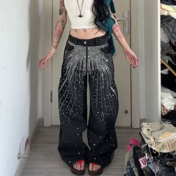 Women's Clothing Retro Wide Leg Pants Starry Sky Diamond Design Jeans Loose Trendy Trousers_mkmklike.com