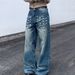 Unisex Heavy-Duty Studded Jeans – Retro Patchwork Design With Loose Straight Fit For Men & Women (S-3XL, Distressed Blue Wash)_mkmklike.com