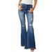 Women's Clothing Women's High-Waisted Stretch Flared Jeans - Distressed Retro Bootcut Denim Pants With Fringe Hem (Blue & Black)_mkmklike.com