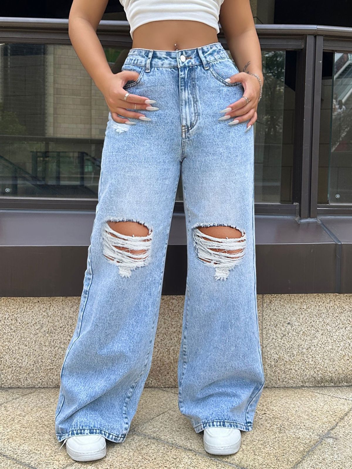 Women's High Waist Loose Fit Ripped Denim Jeans - Street Style Distressed Wide Leg Pants With Stretch Comfort_mkmklike.com