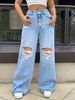 Women's High Waist Loose Fit Ripped Denim Jeans - Street Style Distressed Wide Leg Pants With Stretch Comfort_mkmklike.com