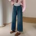 Fleece-Lined Wide-Leg Jeans For Women, Autumn And Winter, Petite, Eight-Point Pants, High Waist, Slimming, Loose,_mkmklike.com