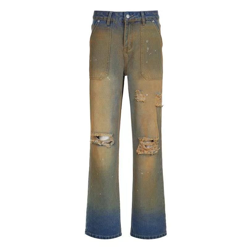 Distressed High Waist Straight Leg Jeans For Women - Vintage Washed Denim Pants With Faded Ombre & Splatter Paint Details_mkmklike.com