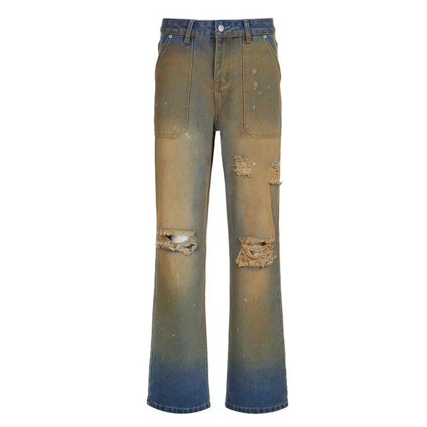 Distressed High Waist Straight Leg Jeans For Women - Vintage Washed Denim Pants With Faded Ombre & Splatter Paint Details_mkmklike.com