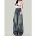 Unique Retro Blue Ripped Wide-leg Jeans For Women, Summer American-style Distressed Loose Straight-leg Pants, Versatile_mkmklike.com