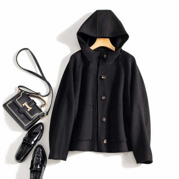 Women's Clothing quality double sided wool coat with hood and short button for women_mkmklike.com