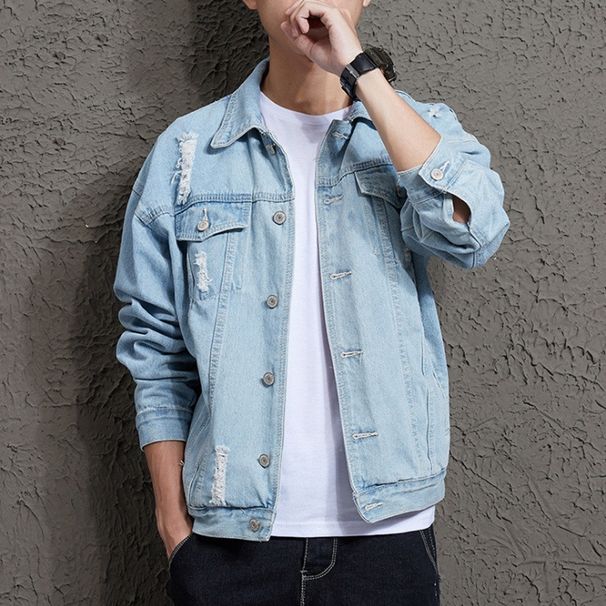 Loom Autumn Men's With Holes Korean Style Trendy Handsome Couple Jacket Japanese Loose Student Denim Coat_mkmklike.com