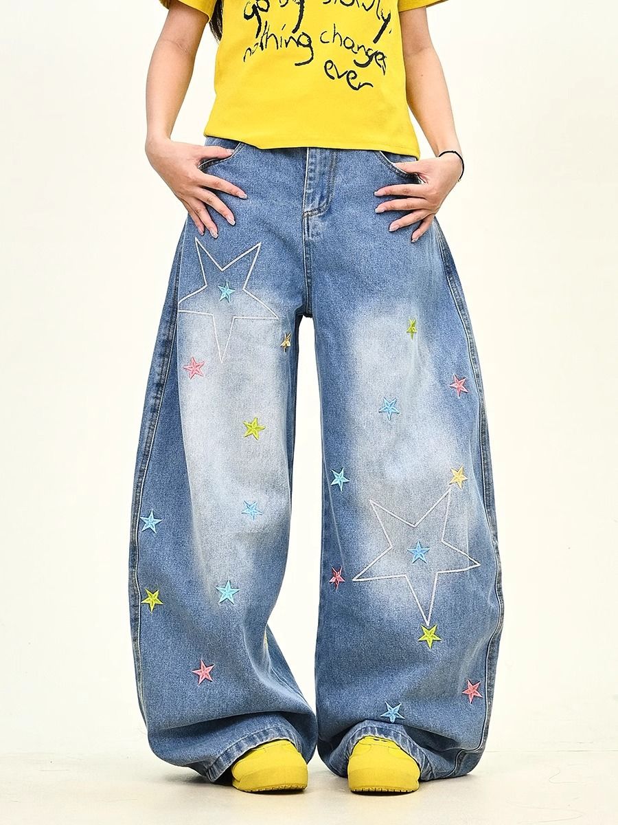 "Women's Dopamine Star Wash Denim Jeans – 90s Vintage Baggy Wide-Leg Pants (Retro Streetwear, Soft Stretch, High Waist)"_mkmklike.com