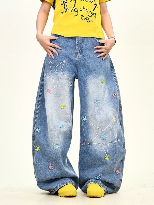 "Women's Dopamine Star Wash Denim Jeans – 90s Vintage Baggy Wide-Leg Pants (Retro Streetwear, Soft Stretch, High Waist)"_mkmklike.com