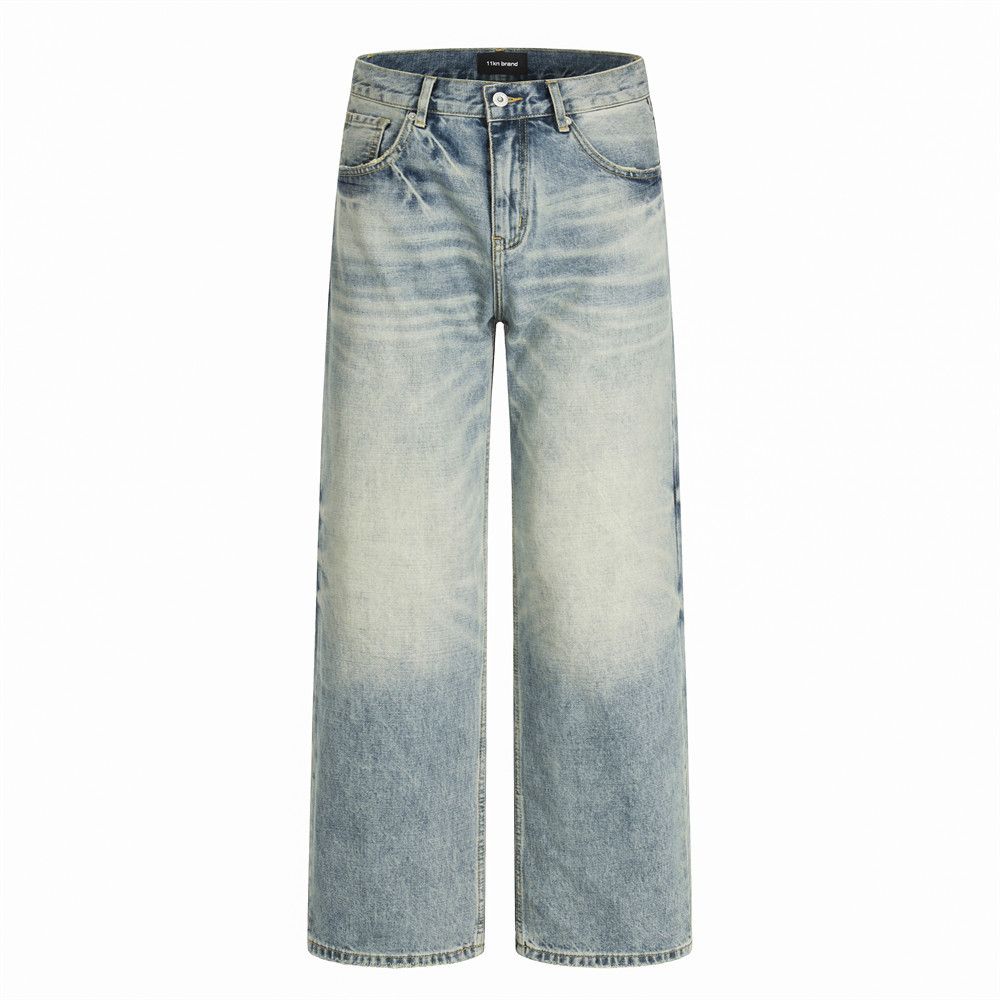 Street Style Punk Washed Denim Wide-Leg Men Loose Casual Gradient Distressed Frayed Hem Straight Long Pants_mkmklike.com