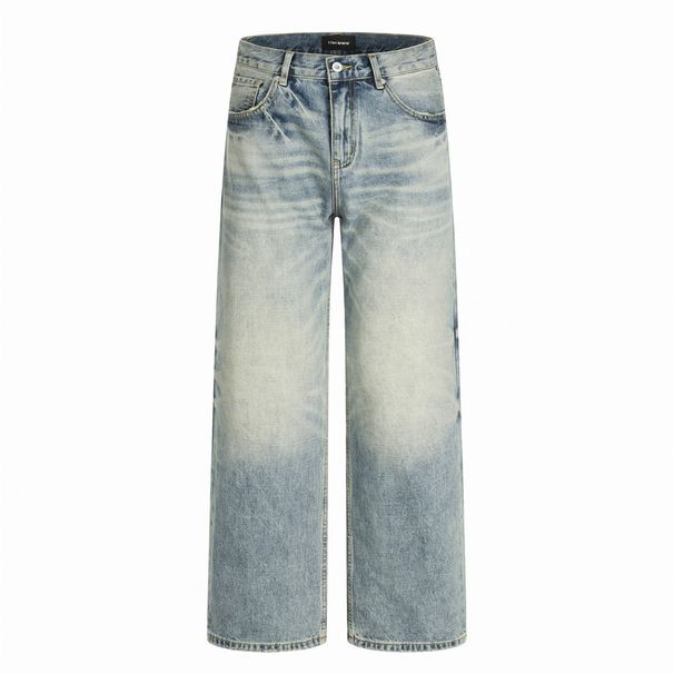 Street Style Punk Washed Denim Wide-Leg Men Loose Casual Gradient Distressed Frayed Hem Straight Long Pants_mkmklike.com