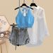 Women's Clothing Summer Outfit Complete Set New Sun Protection Shirt Slimming Halter Neck Suspenders Denim Skirt Three Piece Set_mkmklike.com