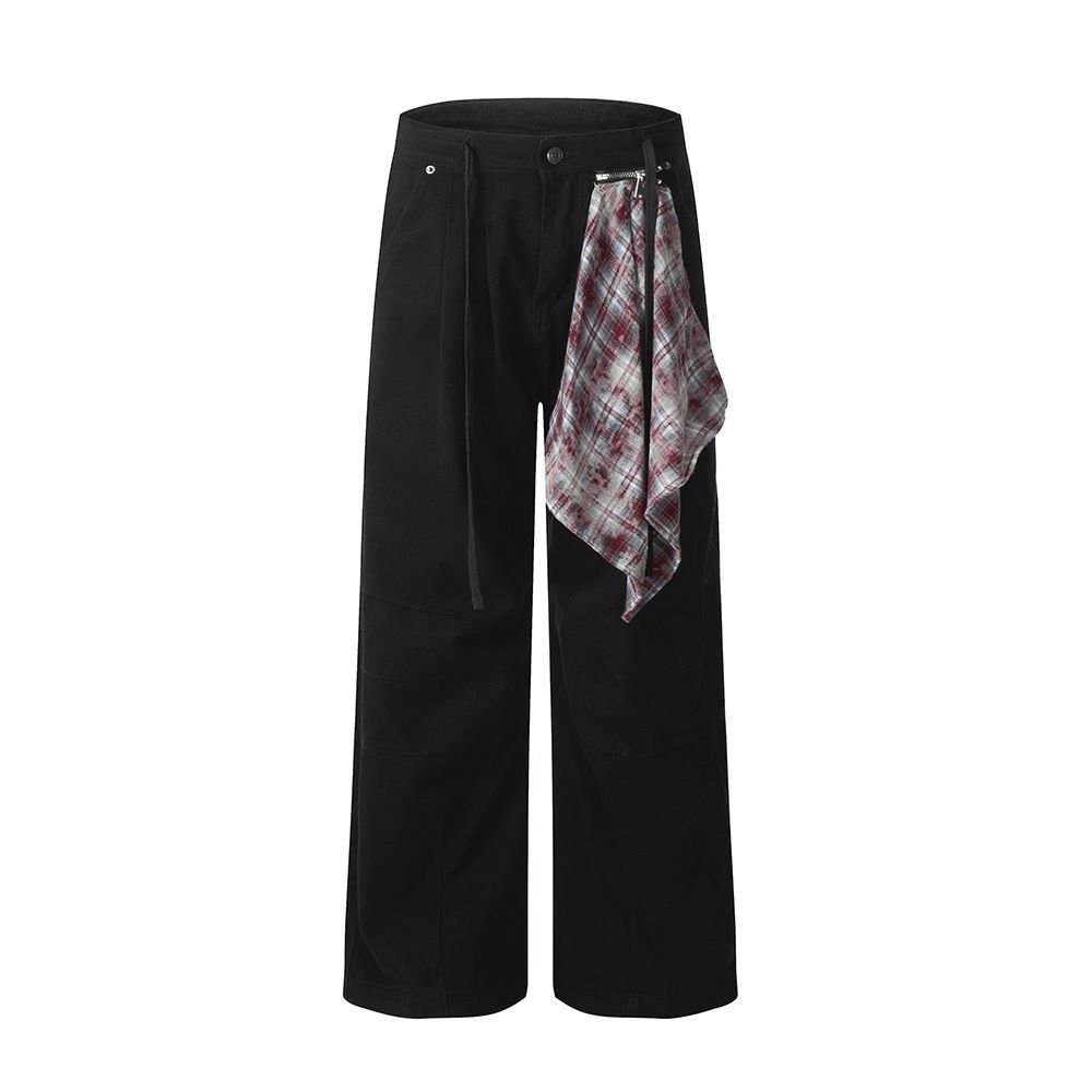 Vibe Trendy Personality Denim Men's Design Sense Plaid Scarf Detachable Zipper Loose Wide-Leg Straight Pants_mkmklike.com