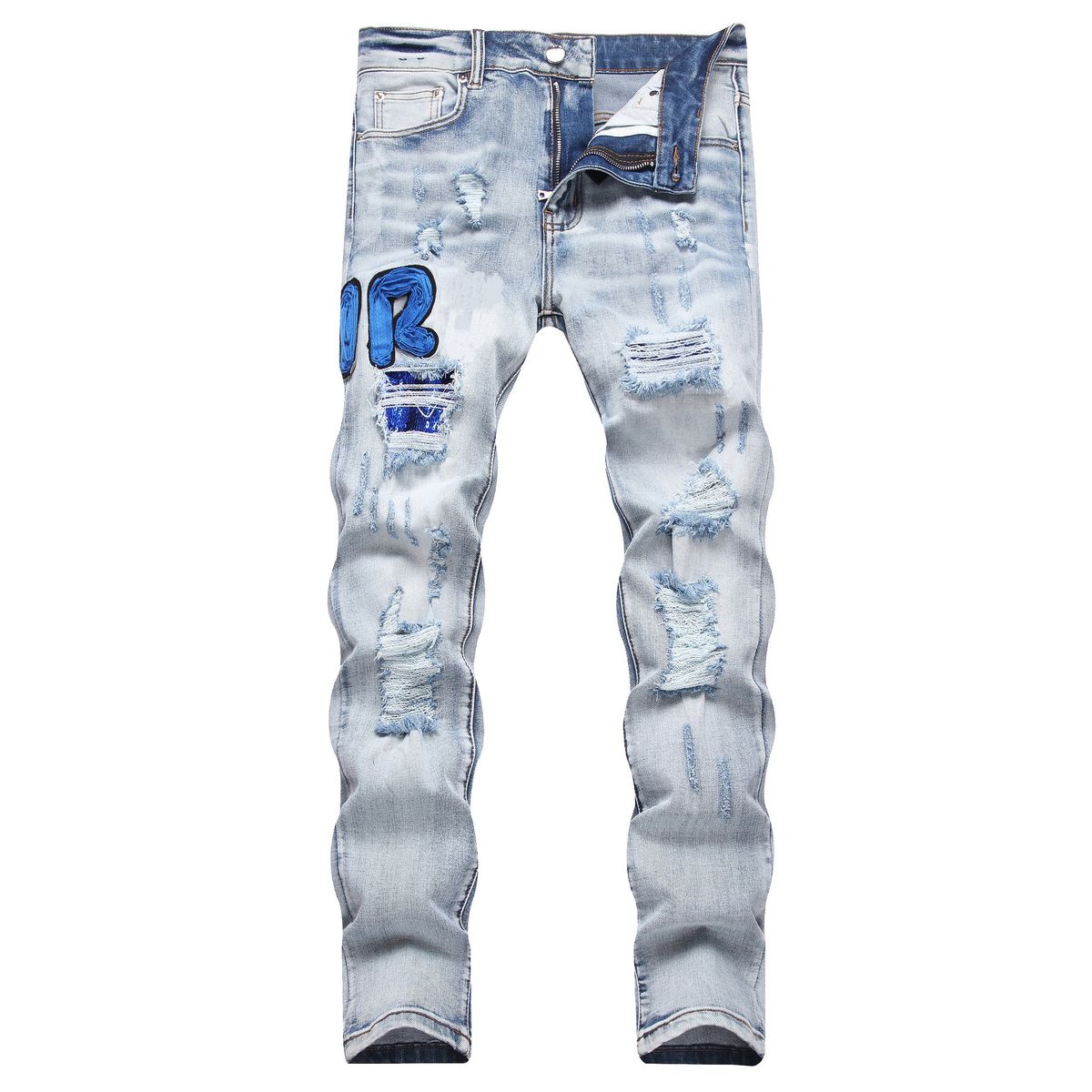 Men's Slim Fit Skinny Jeans Ripped Sequined Appliqué Embroidered High Street Trendy Stretch Denim Fashion_mkmklike.com