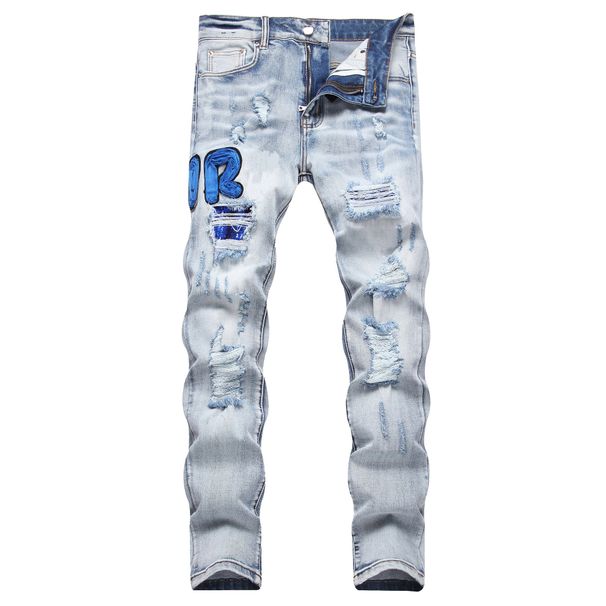 Men's Slim Fit Skinny Jeans Ripped Sequined Appliqué Embroidered High Street Trendy Stretch Denim Fashion_mkmklike.com