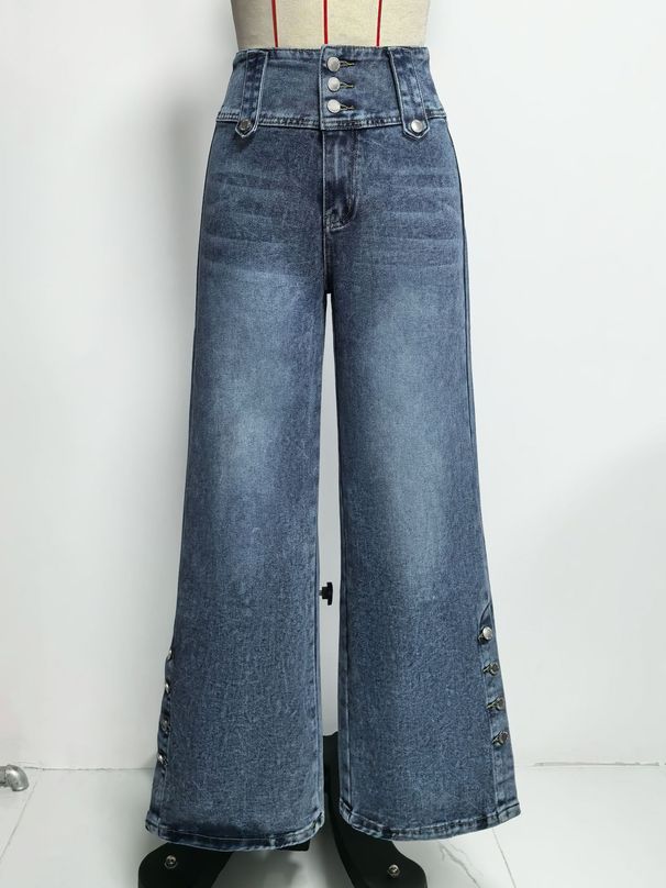 K New Leg Slit Denim Pants High Waisted Retro Button Denim Wide Leg Pants For Women_mkmklike.com