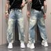 Vintage Blue Slim Fit Jeans For Men - High Waist Retro Washed Denim Pants With Slight Flare Premium Cotton Fabric_mkmklike.com