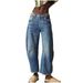 Women's Loose Fit Straight Leg Jeans - High Waisted Washed Wide Leg Pants With Dropped Hem For Casual Streetwear_mkmklike.com