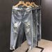 Ins Korean Version Men's Ripped Hole Slim Fit Nine Inch Jeans Summer Youth Fashion Light Blue Rotten Legs Tight Fitting_mkmklike.com