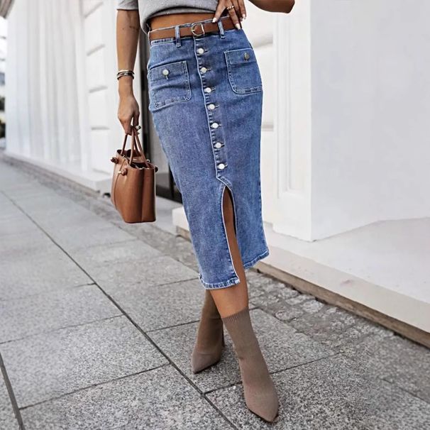 K Cowboy Midi Skirt With Button Down Mid Length Skirt, Fashionable_mkmklike.com