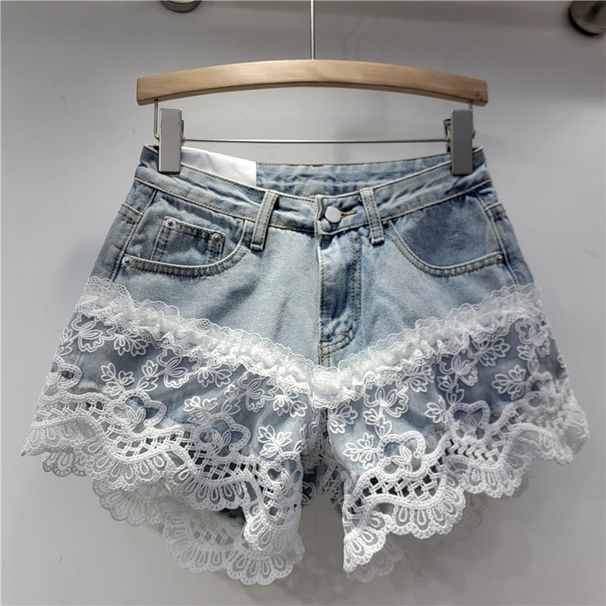 European Station New Denim Shorts Women's High Waist Embroidery Lace Stitching Loose Versatile Wide Leg A Line Hot Pants_mkmklike.com