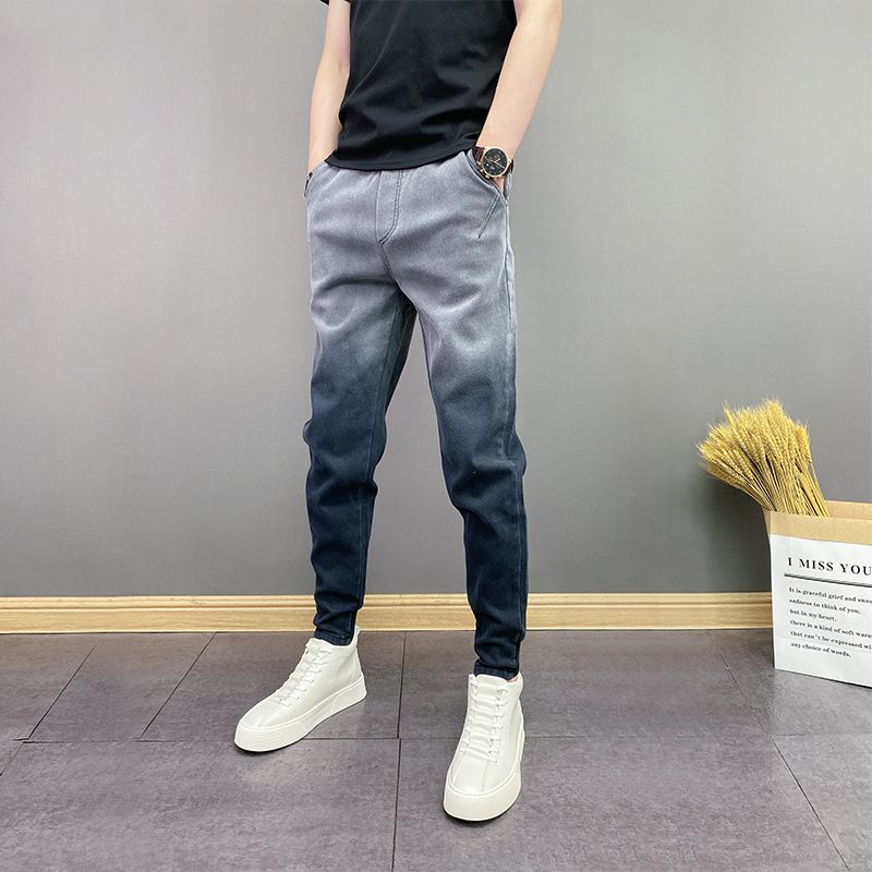 Men's Gradient Color Slim Fit Jogger Harem Pants Casual Dad Jeans Elastic Waist Blue Long Polyester Slight Stretch_mkmklike.com