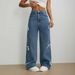 Streetwear Bow-Tie Distressed Jeans - High Waist Wide Leg Loose Fit Denim Pants For Women_mkmklike.com