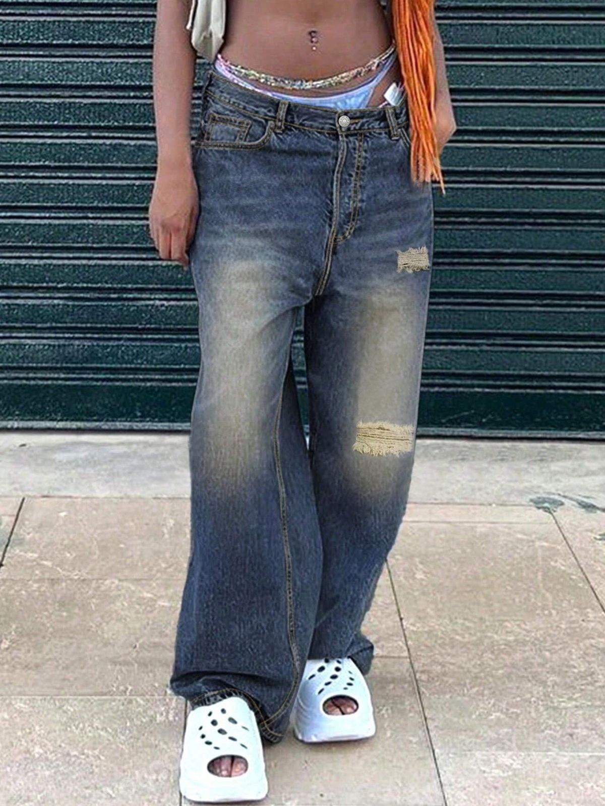 Women's Clothing Retro Street Style Ripped Jeans For Women, Summer New Style, High Waisted, Slimming, Thin Wide Leg Pants._mkmklike.com