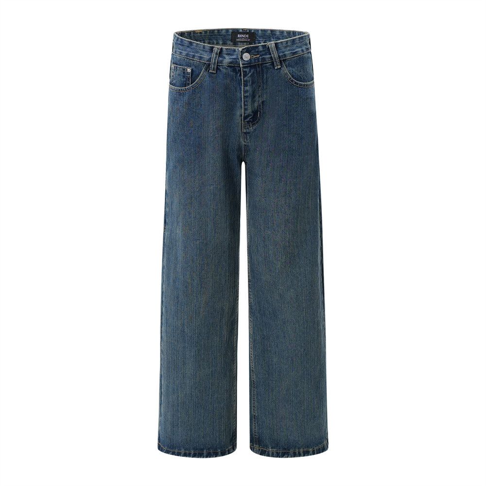 Men's Jeans High Street Trendy Design Pocket Loose Cargo Washed Vintage Wide Leg Straight Long Pants_mkmklike.com