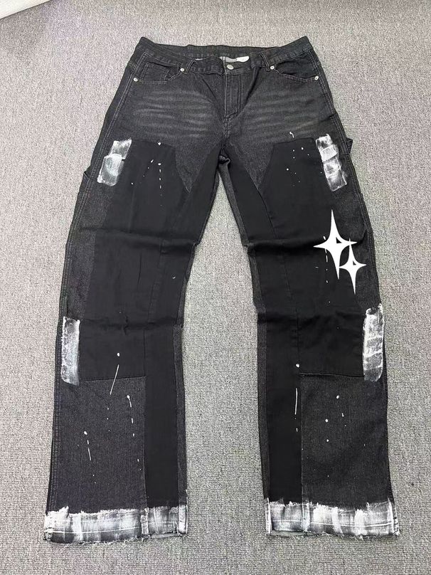 Men's Clothing European And American Men's Y2K Patchwork Painted Star Hot Stamped Straight Leg Jeans_mkmklike.com
