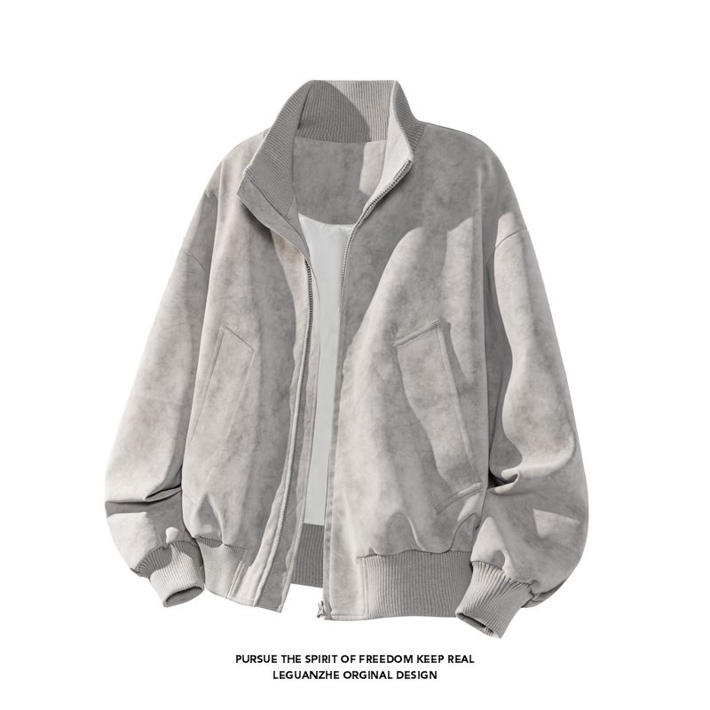 Tie-Dye Short Leather For Men, Spring And Autumn Trendy American Style Loose High-End Cool Casual Stand Collar Jacket_mkmklike.com