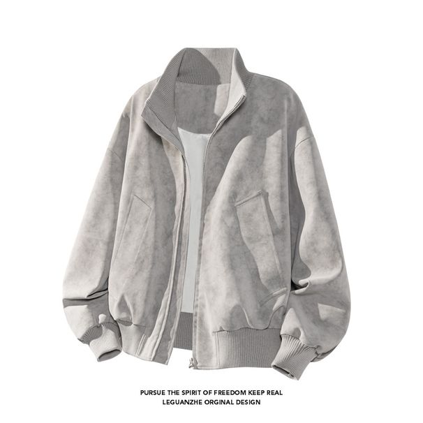Tie-Dye Short Leather For Men, Spring And Autumn Trendy American Style Loose High-End Cool Casual Stand Collar Jacket_mkmklike.com