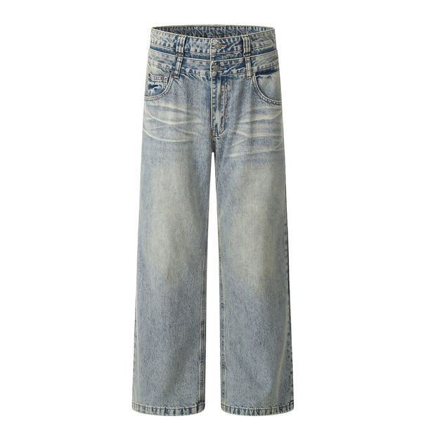 Double Waistband Jeans Men's High Street Trendy Design Sense Personality Patchwork Washed Vintage Distressed Casual_mkmklike.com