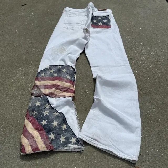Women's High Waist Loose Straight Leg Jeans Slightly Flared Design Flag Patchwork European American Style Denim_mkmklike.com