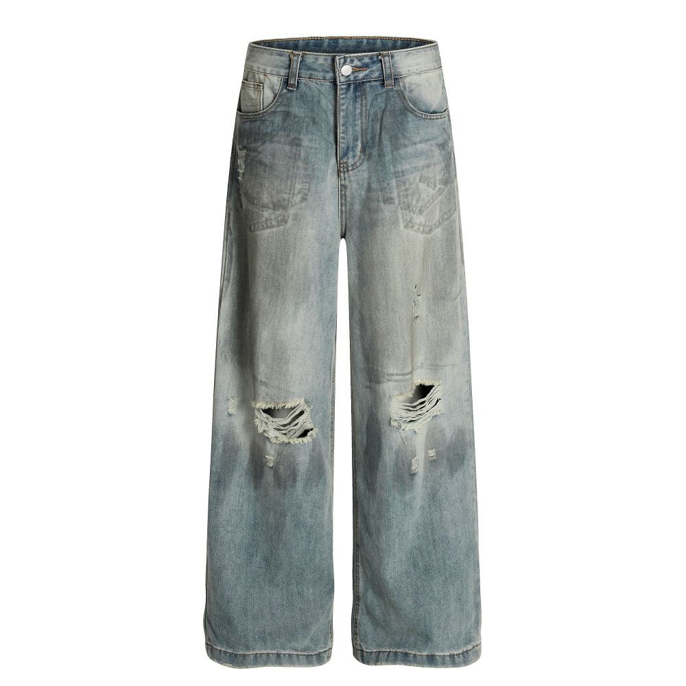 Post-apocalyptic Dirty Ripped Jeans Men's Loose Niche Spray Painted Distressed Washed Casual Straight Pants High Street_mkmklike.com
