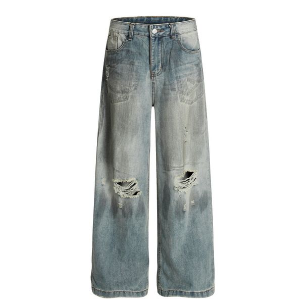 Post-apocalyptic Dirty Ripped Jeans Men's Loose Niche Spray Painted Distressed Washed Casual Straight Pants High Street_mkmklike.com