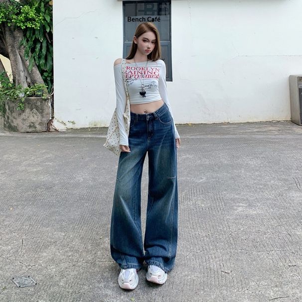 25 Fall/Winter New American Style Wide-Leg Loose Jeans For Women, Straight Casual Floor-Length Pants, Vintage Blue_mkmklike.com