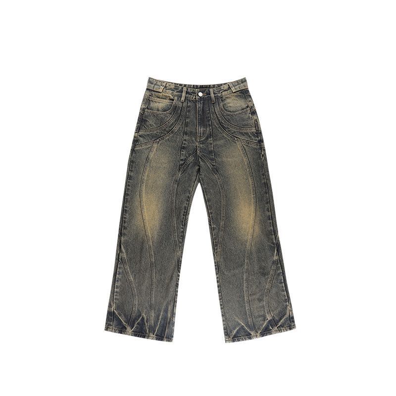 Men's Vintage Mud-Dyed Flared Jeans - High Street Loose Fit Retro Denim Pants For Casual Wear_mkmklike.com