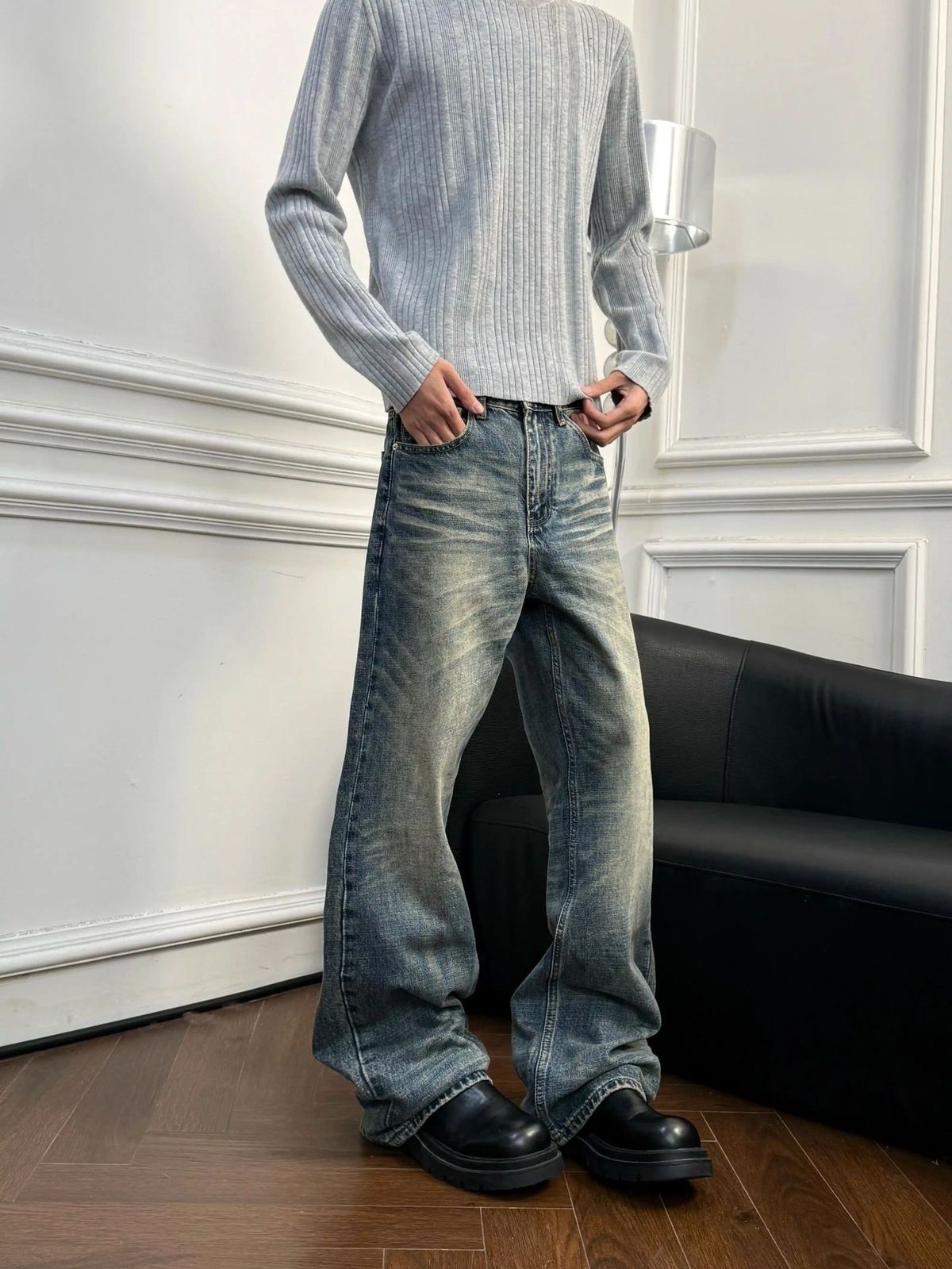 Unisex Casual Straight Leg Denim Jeans mid Waist Distressed Pleated Loose Fitting Long Culottes Blue Zipper Fly Kpop Normcore Minimalist_mkmklike.com