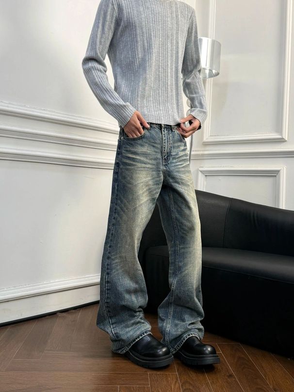 Unisex Casual Straight Leg Denim Jeans mid Waist Distressed Pleated Loose Fitting Long Culottes Blue Zipper Fly Kpop Normcore Minimalist_mkmklike.com