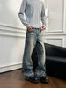 Unisex Casual Straight Leg Denim Jeans mid Waist Distressed Pleated Loose Fitting Long Culottes Blue Zipper Fly Kpop Normcore Minimalist_mkmklike.com