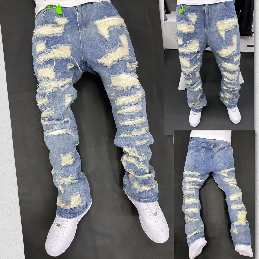 Men's Clothing Retro Heavy Industry Damage Erosion Patch Design Jeans High Street Hole Cleanfit Pants_mkmklike.com