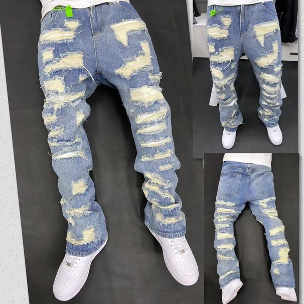 Men's Clothing Retro Heavy Industry Damage Erosion Patch Design Jeans High Street Hole Cleanfit Pants_mkmklike.com