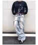 Men's American High Street Style Washed Ripped Jeans Loose Straight Leg Casual Edgy Slightly Flared Blue Mid Waist Zipper Fly_mkmklike.com