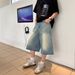 Unisex Vintage Washed Denim Bermuda Shorts Relaxed Fit Mid-Length Cargo Pants Raw Hem Blue S-3XL_mkmklike.com