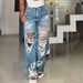 Women's Distressed Washed Straight Leg Jeans | Vintage Streetwear Denim Pants With Button Details | Stretch Relaxed Fit High Waist Trousers_mkmklike.com