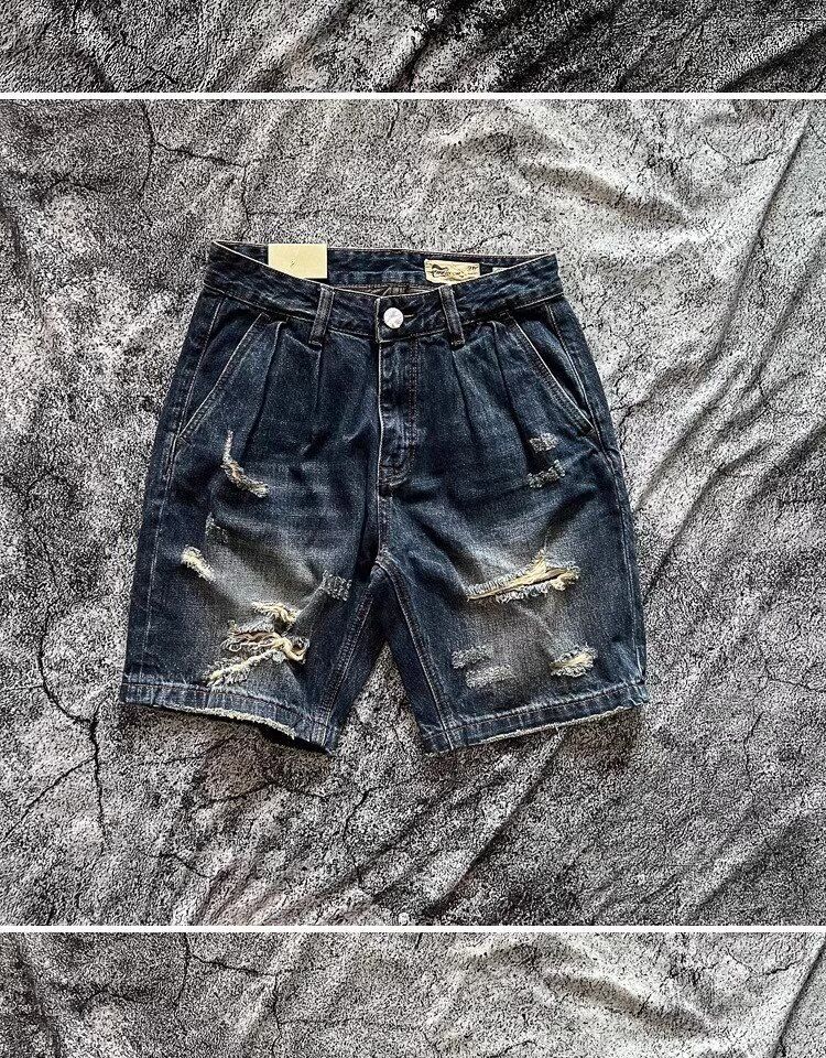 Men's Washed Distressed Denim Shorts Loose Fit Streetwear 5-Inch Cargo Light And Dark Blue_mkmklike.com