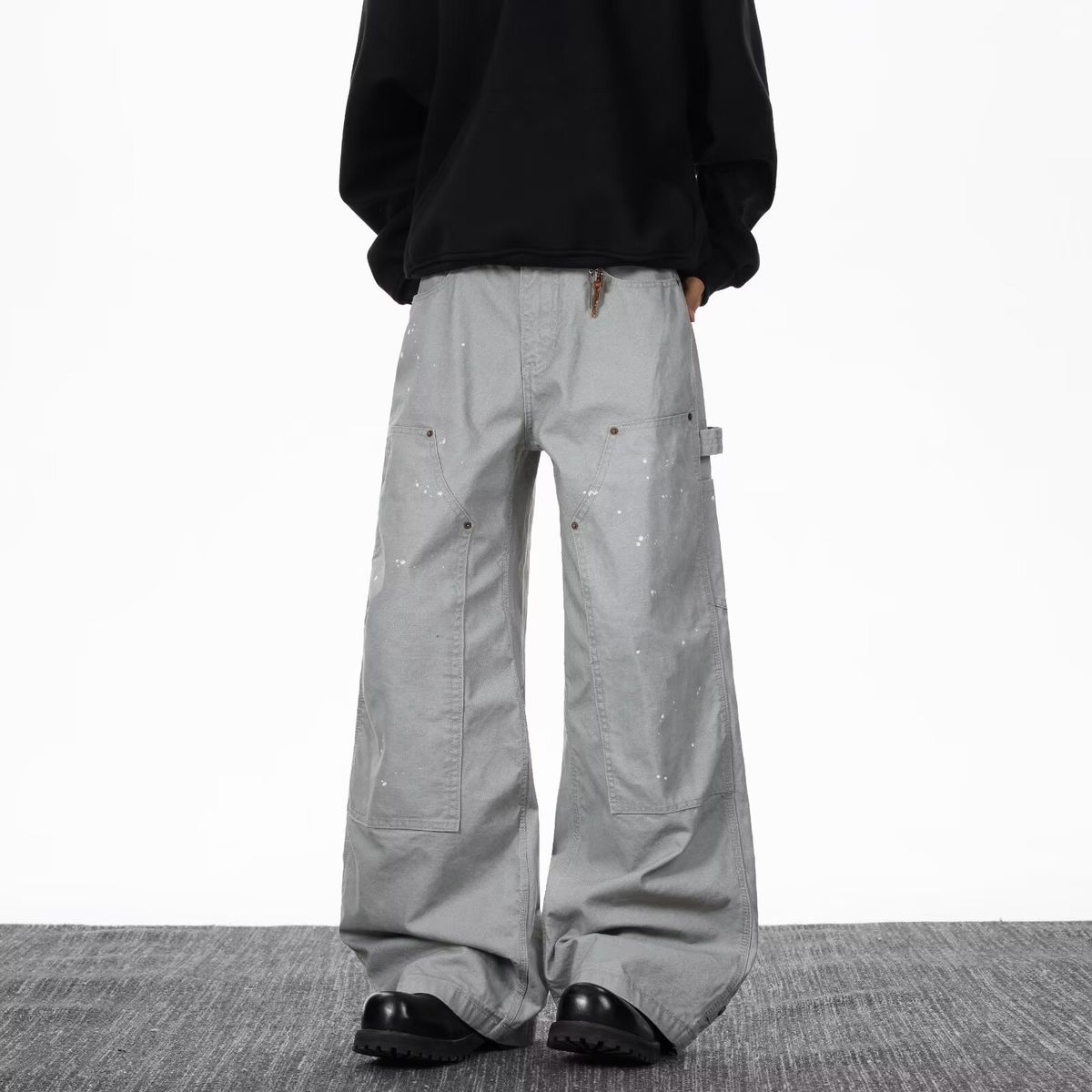"Korean Drop-Crotch Trousers – Wide-Leg Streetwear Pants With Raw Hem (S-3XL, Washed Blue/Black)"_mkmklike.com